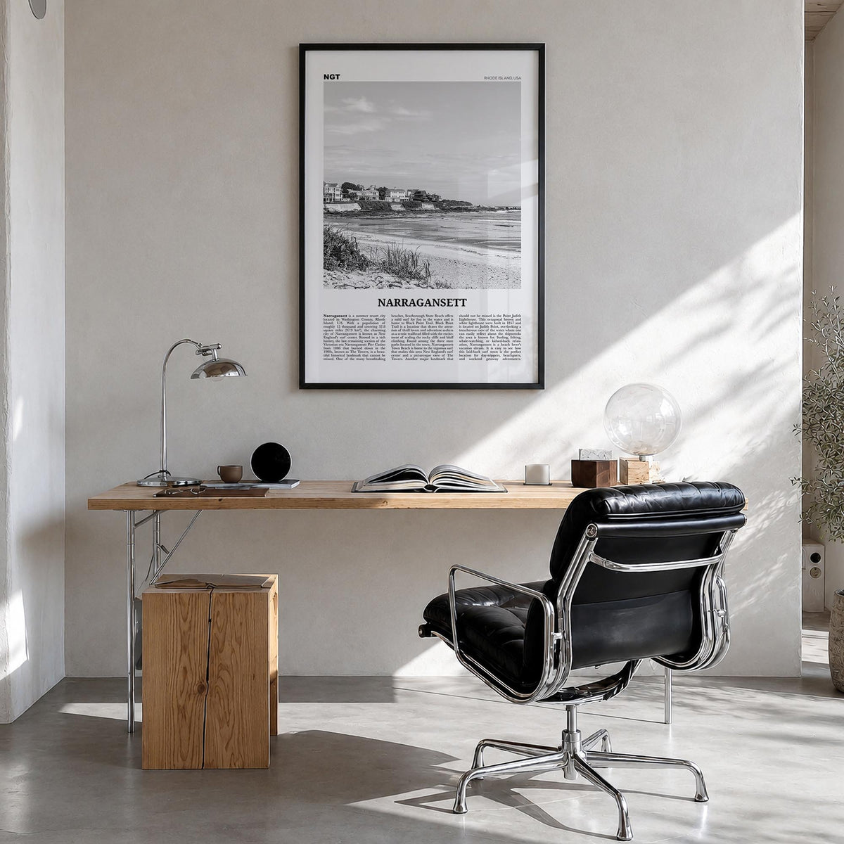 Narragansett no. 1 black & white newspaper poster of Rhode Island, USA – vertical wall art in black wood frame, hanging on wa