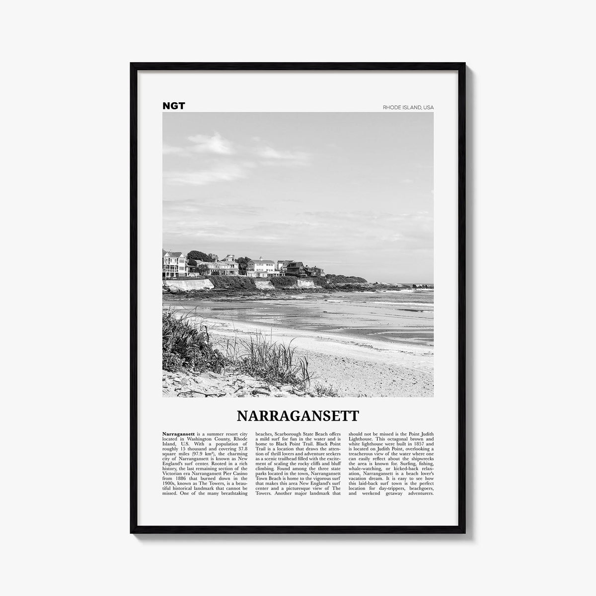 Narragansett no. 1 black & white newspaper poster of Rhode Island, USA – vertical wall art, unframed print shown in interior