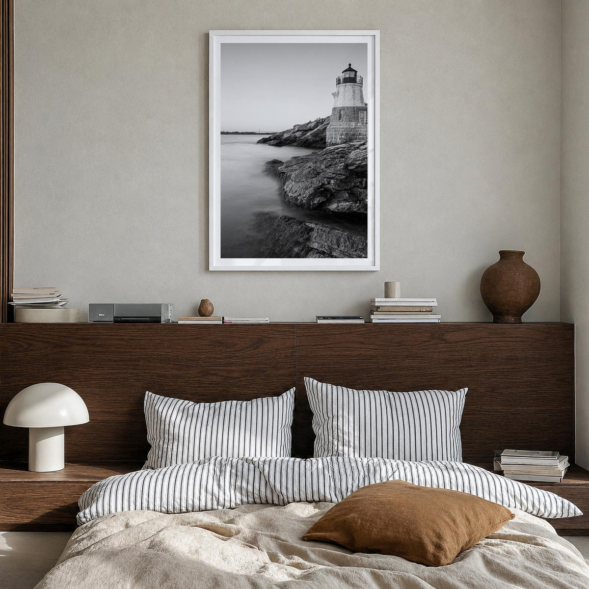 Narragansett no. 1 black & white photo poster of Rhode Island, USA – vertical wall art in white wood frame with white border,