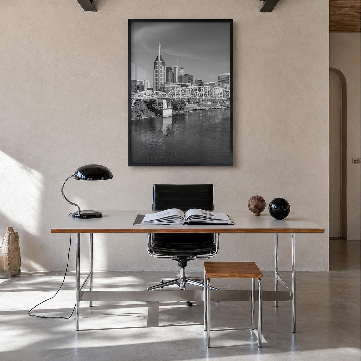Nashville black & white photo poster of Tennessee, USA – vertical wall art in black wood frame, hanging on wall