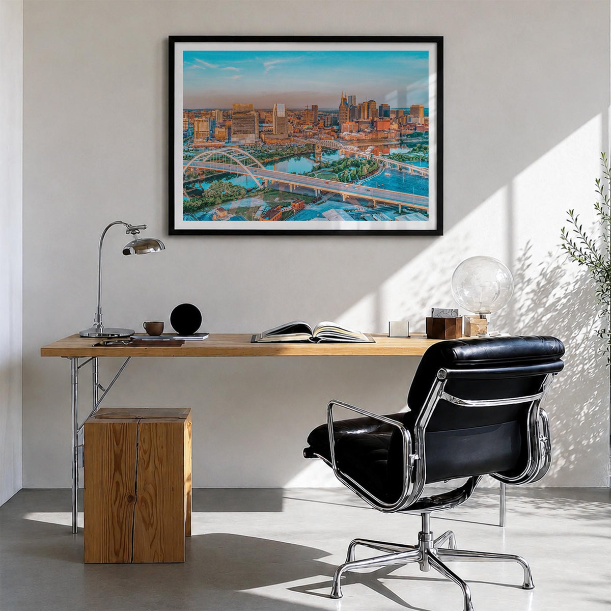 Nashville colorful photo poster of Tennessee, USA – horizontal wall art in black wood frame with white border, hanging on wal