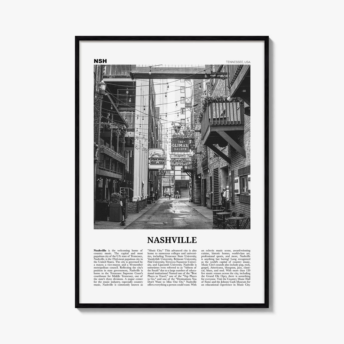 Nashville no. 3 black & white newspaper poster of Tennessee, USA – vertical wall art, unframed print shown in interior mockup