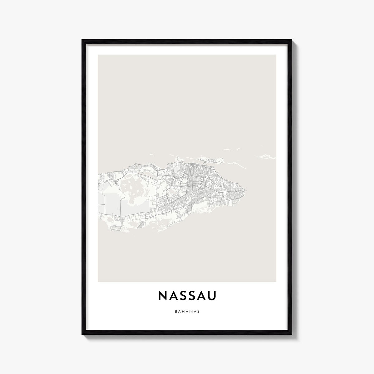 Nassau black & white map poster of The Bahamas – vertical wall art, unframed print shown in interior mockup