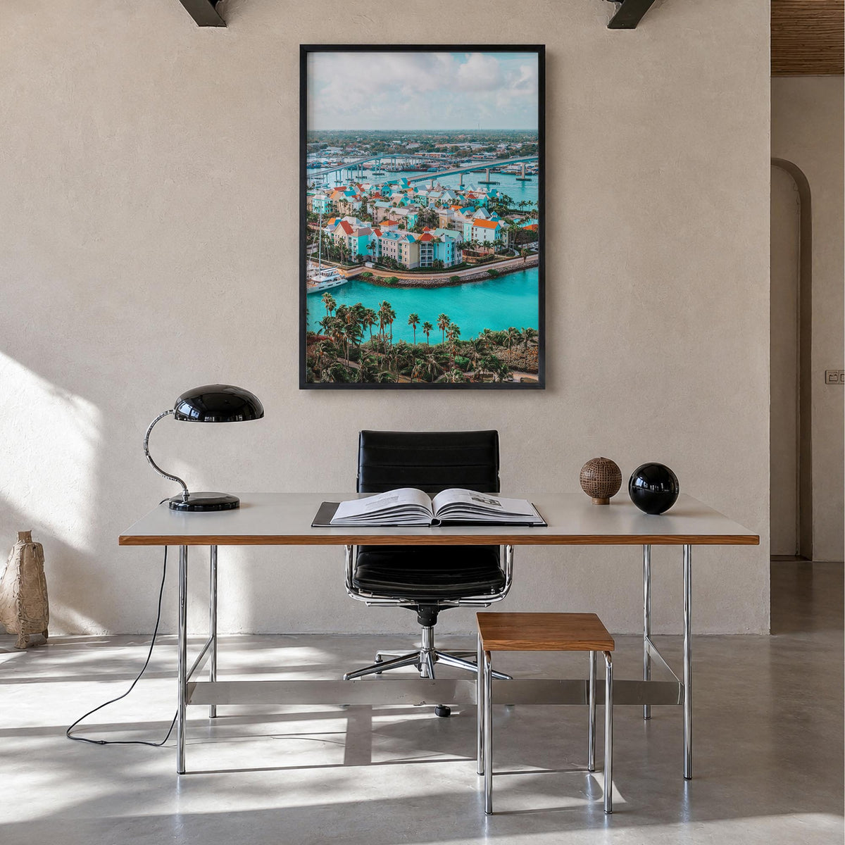 Nassau colorful photo poster of The Bahamas – vertical wall art in black wood frame, hanging on wall