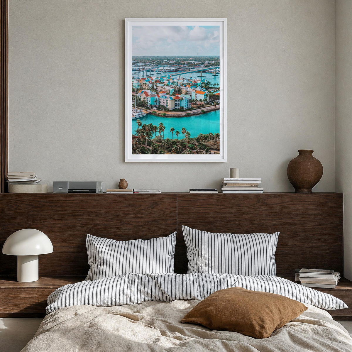 Nassau colorful photo poster of The Bahamas – vertical wall art in white wood frame with white border, hanging on wall