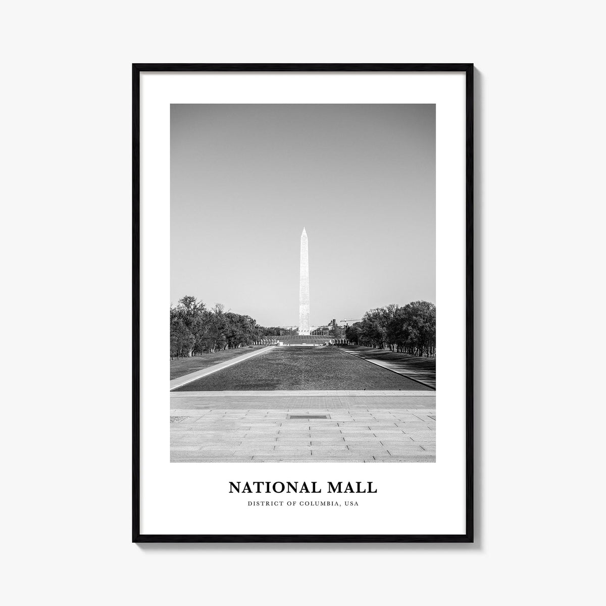 National Mall black & white classic poster of District of Columbia, USA – vertical wall art, unframed print shown in interior