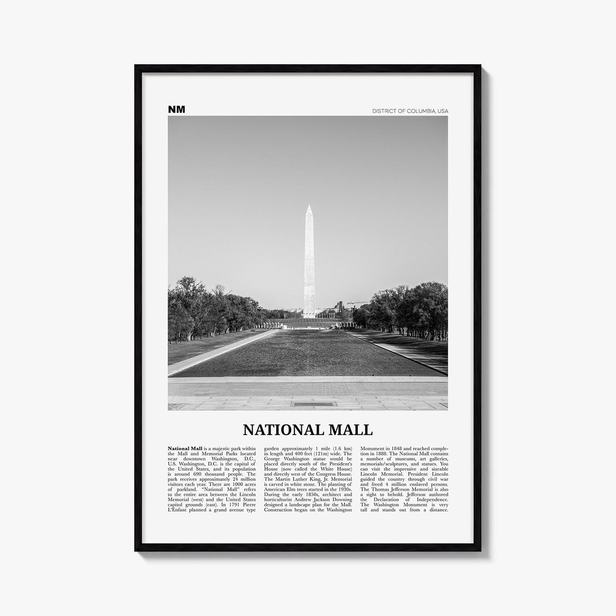 National Mall black & white newspaper poster of District of Columbia, USA – vertical wall art, unframed print shown in interi