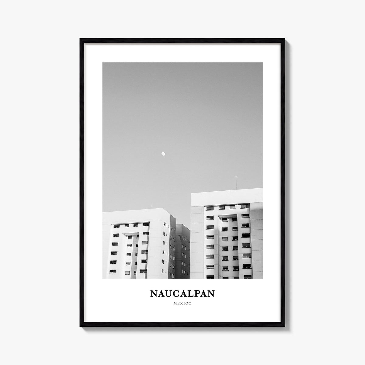Naucalpan black & white classic poster of Mexico – vertical wall art, unframed print shown in interior mockup