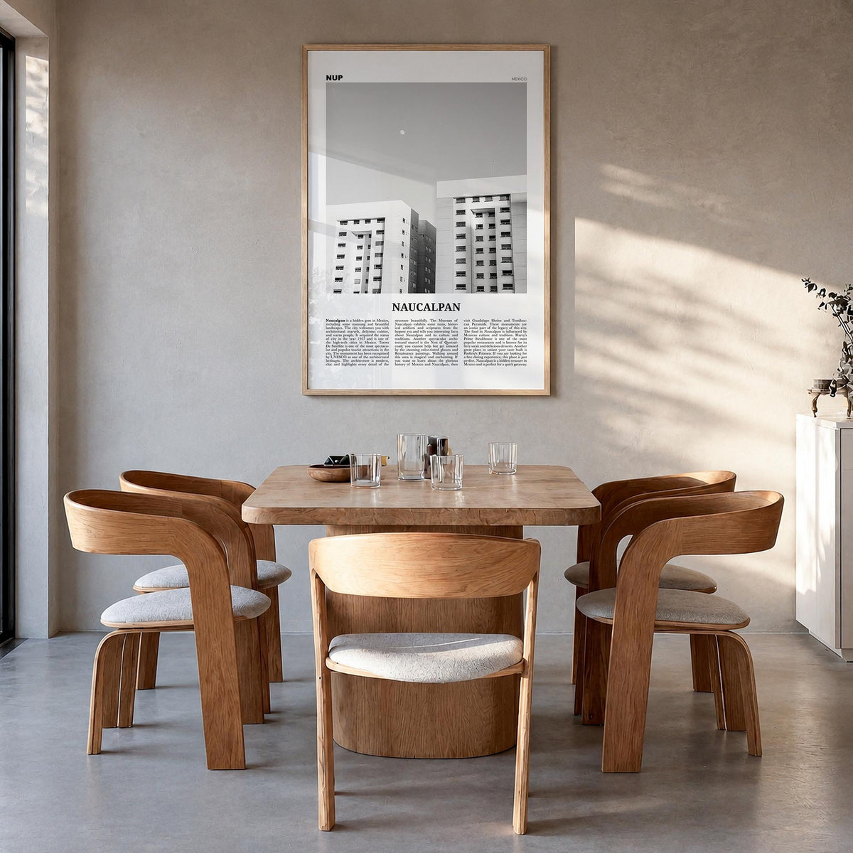 Naucalpan black & white newspaper poster of Mexico – vertical wall art in natural wood frame, hanging on wall