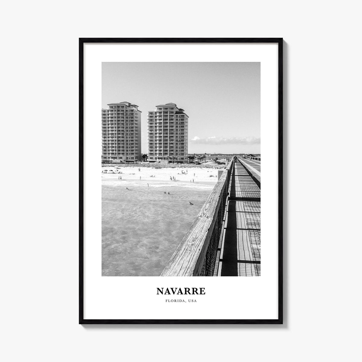Navarre black & white classic poster of Florida, USA – vertical wall art, unframed print shown in interior mockup