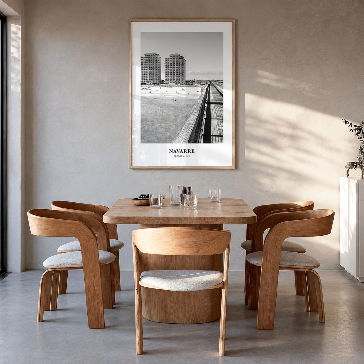 Navarre black & white classic poster of Florida, USA – vertical wall art in natural wood frame, hanging on wall