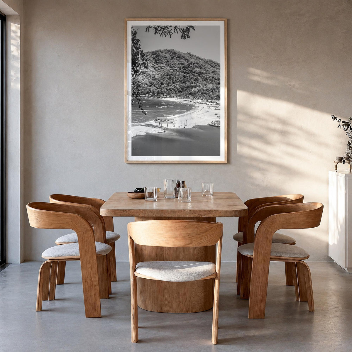 Nayarit black & white photo poster of Mexico – vertical wall art in natural wood frame with white border, hanging on wall