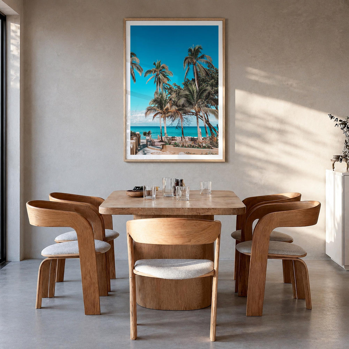 Nayarit colorful photo poster of Mexico – vertical wall art in natural wood frame with white border, hanging on wall