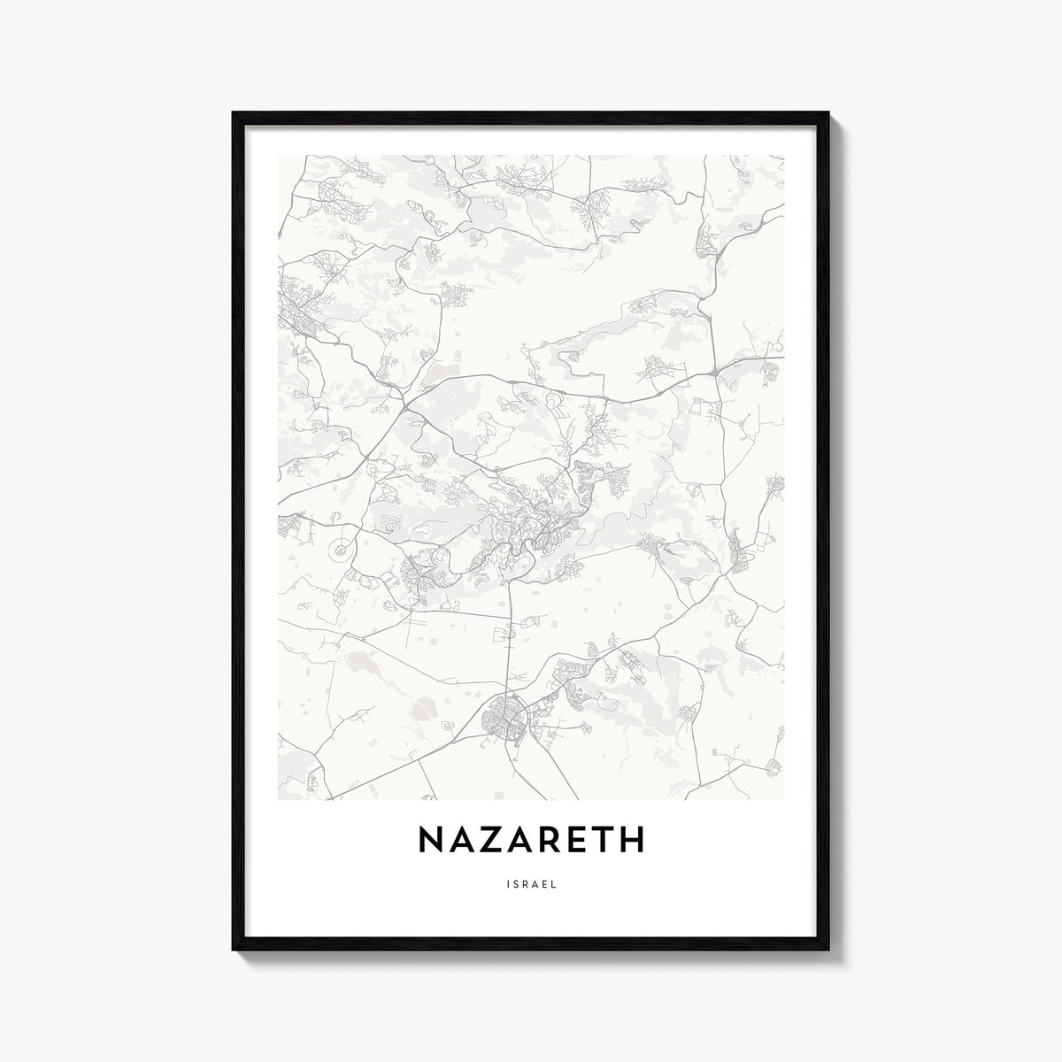 Nazareth black & white map poster of Israel – vertical wall art, unframed print shown in interior mockup