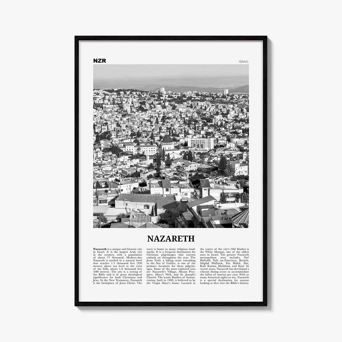 Nazareth no. 1 black & white newspaper poster of Israel – vertical wall art, unframed print shown in interior mockup