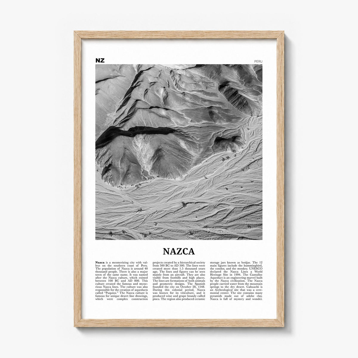 Nazca Newspaper Poster in a natural wood frame