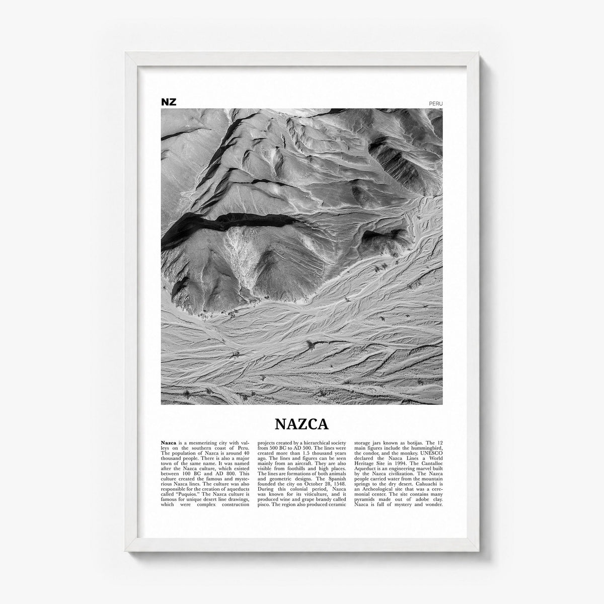 Nazca Newspaper Poster in a white wood frame
