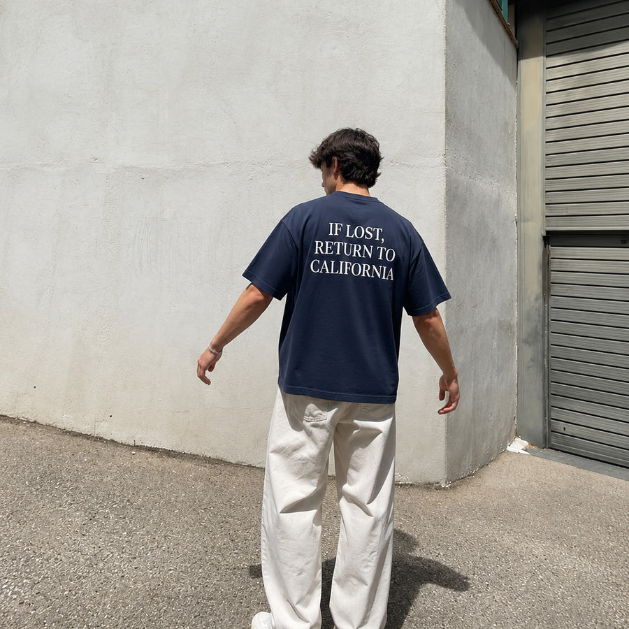 If Lost, Return To – Custom T-Shirt in navy, back print (shown: California)