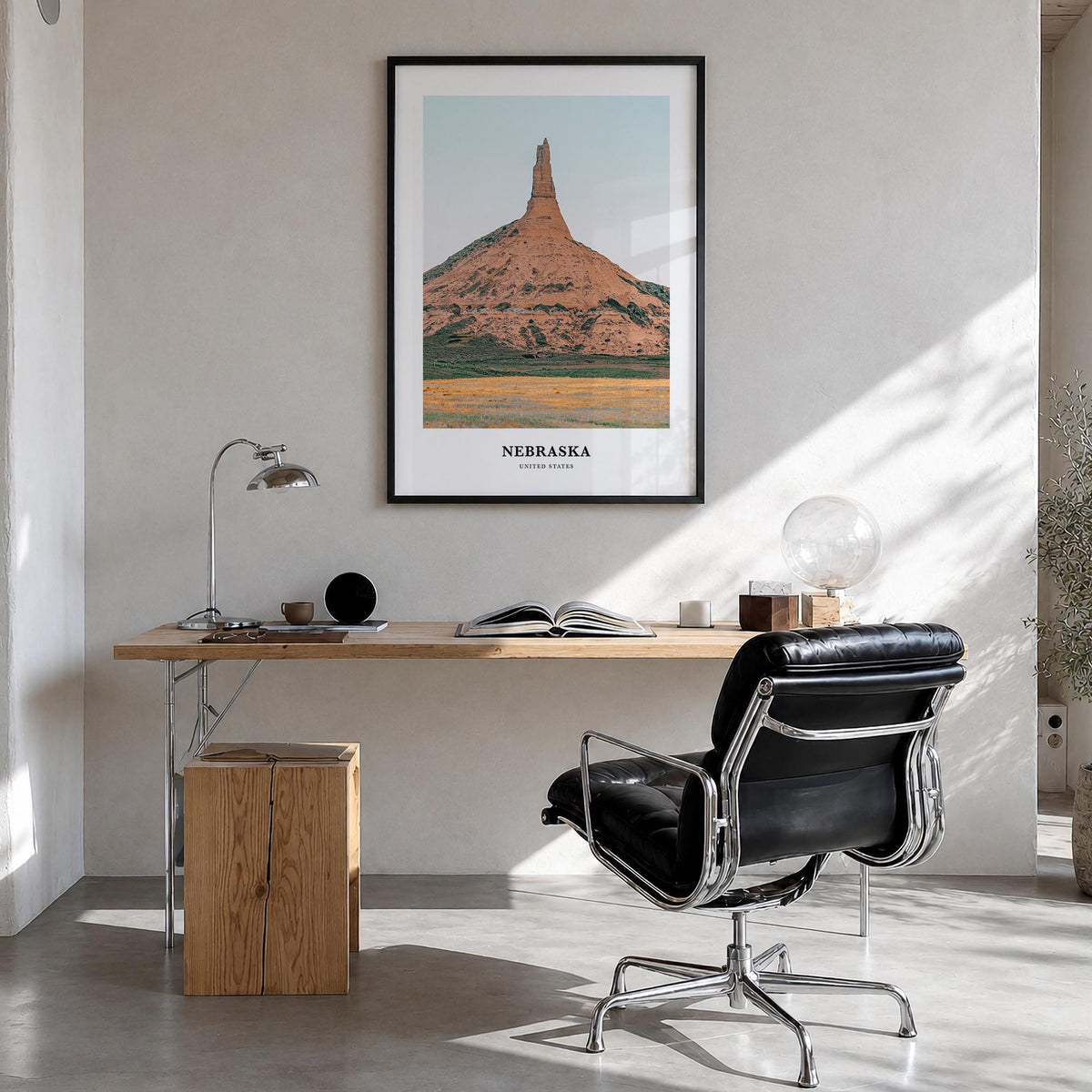 Nebraska colorful classic poster of United States – vertical wall art in black wood frame, hanging on wall