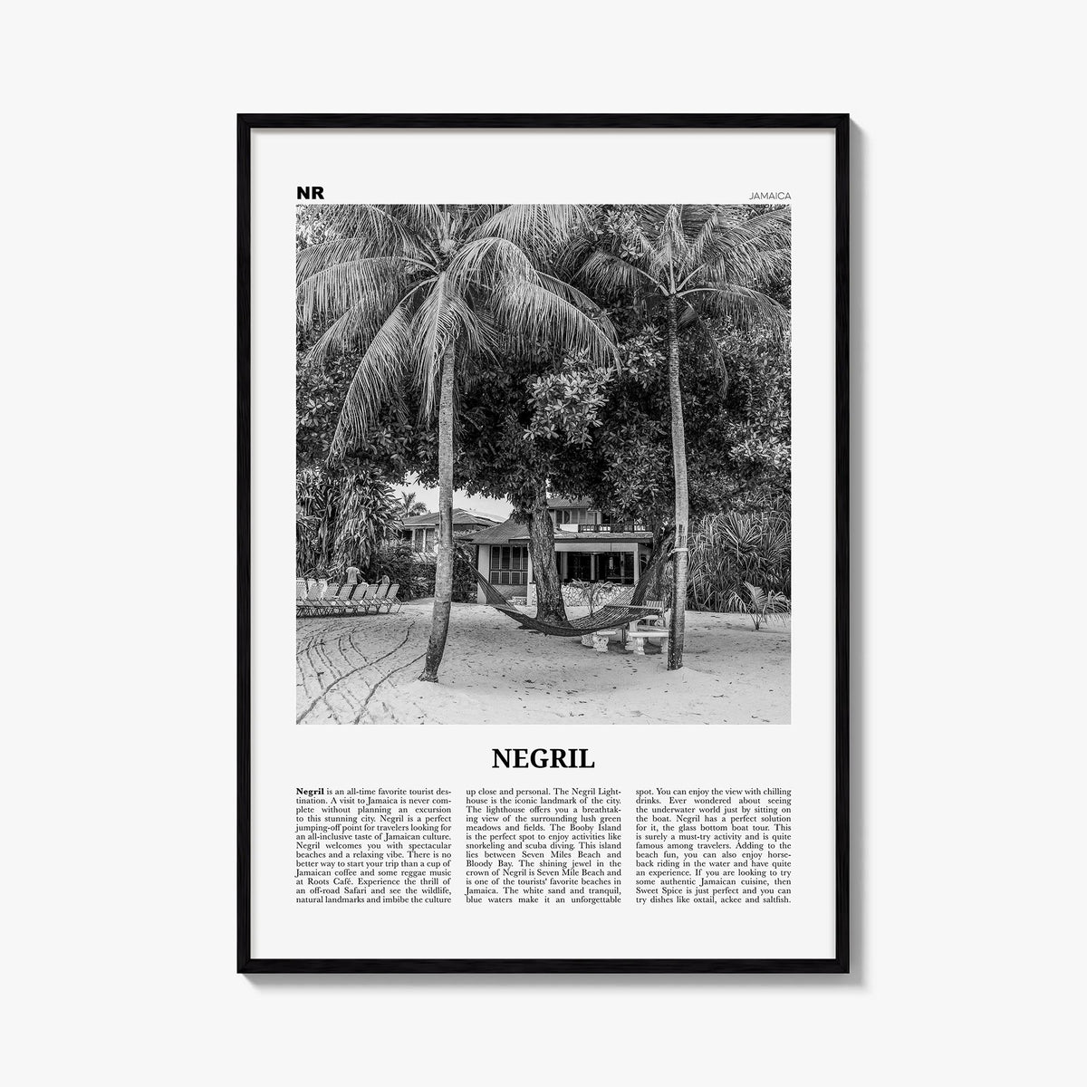 Negril black & white newspaper poster of Jamaica – vertical wall art, unframed print shown in interior mockup