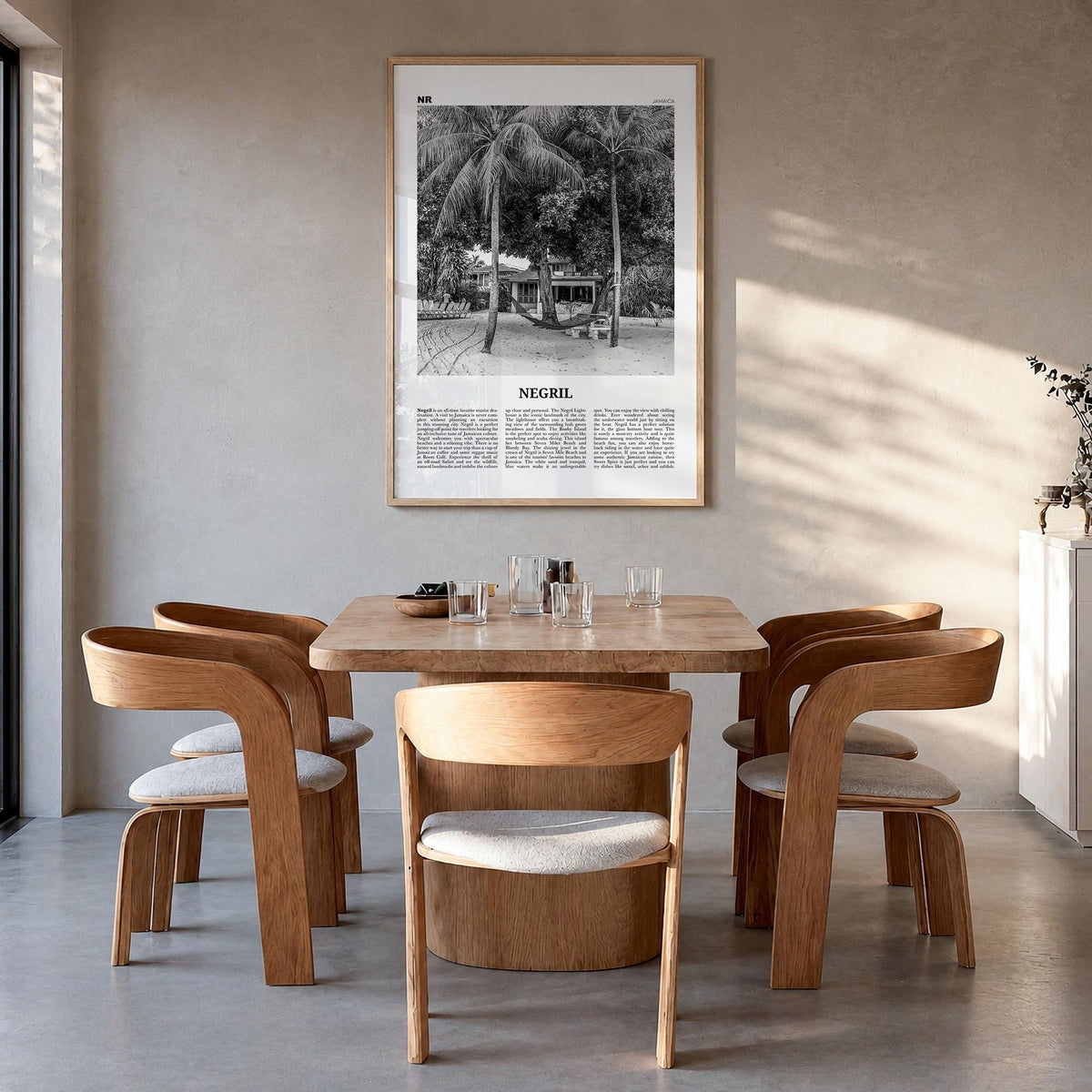 Negril black & white newspaper poster of Jamaica – vertical wall art in natural wood frame, hanging on wall