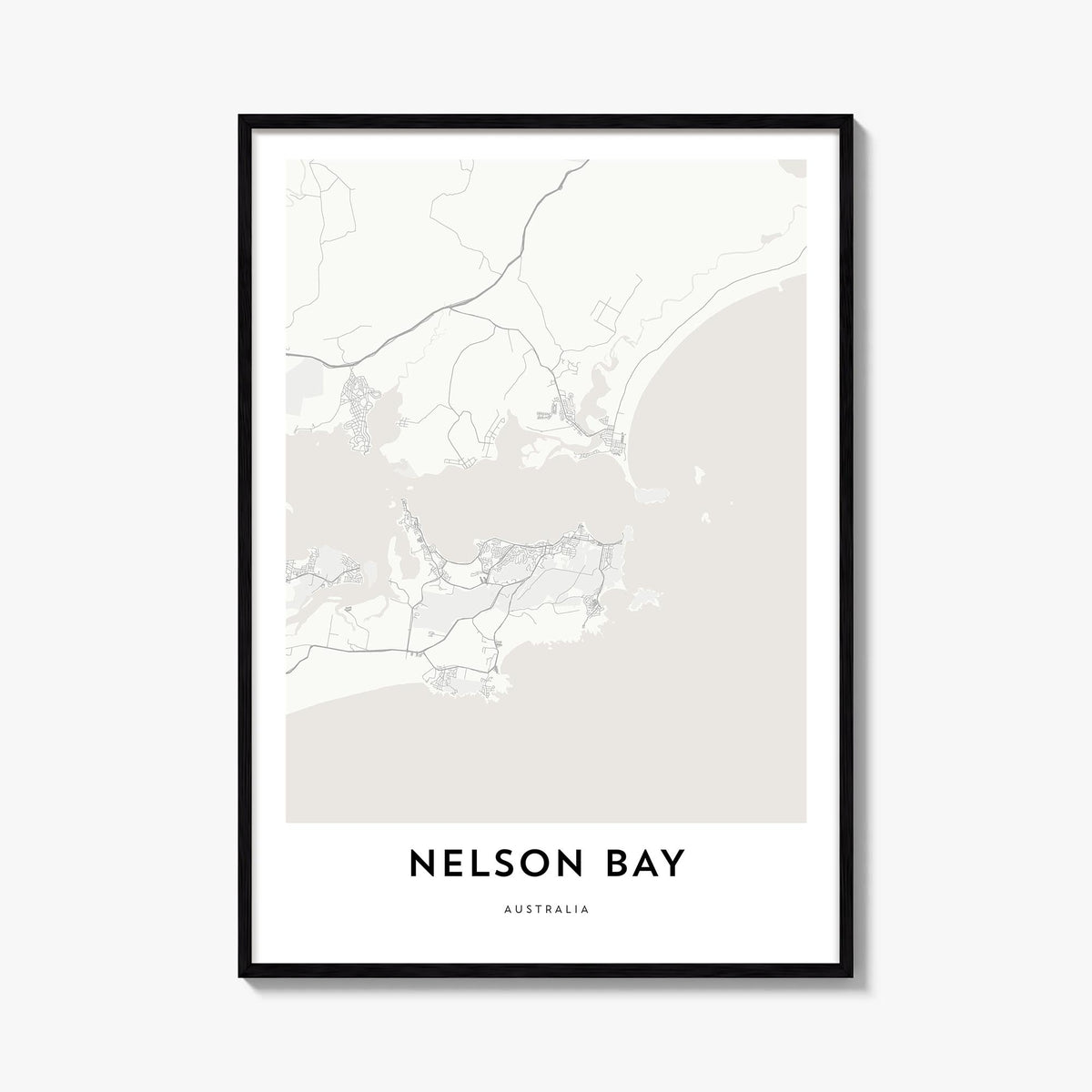 Nelson Bay black & white map poster of New South Wales, Australia – vertical wall art, unframed print shown in interior mocku