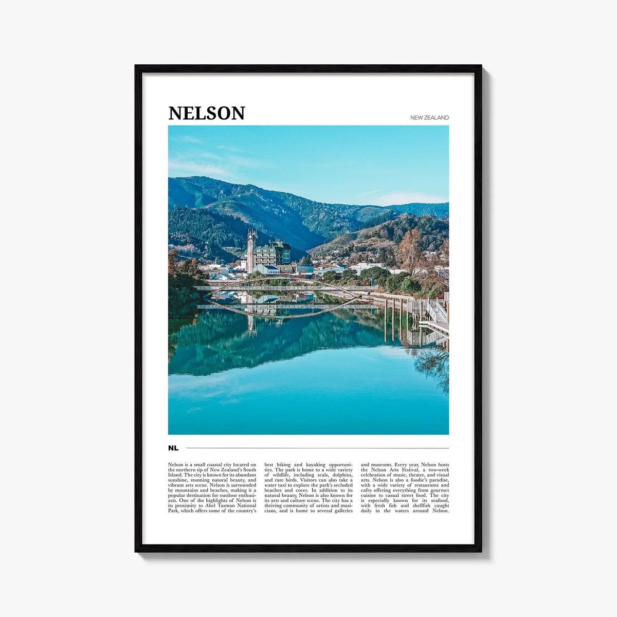 Nelson colorful travel poster of New Zealand – vertical wall art, unframed print shown in interior mockup