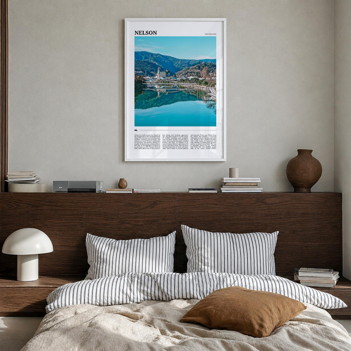 Nelson colorful travel poster of New Zealand – vertical wall art in white wood frame, hanging on wall
