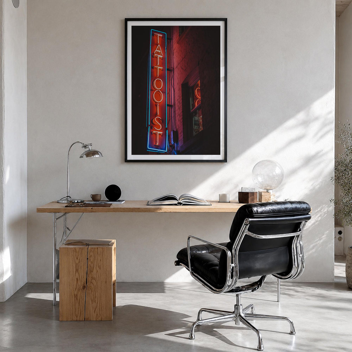 Neon Sign no. 2 colorful photo poster – vertical wall art in black wood frame with white border, hanging on wall