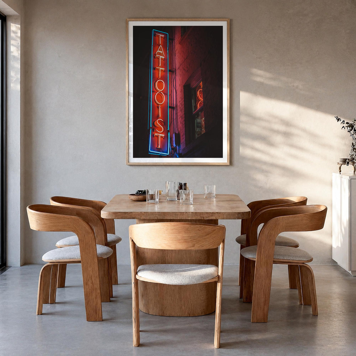 Neon Sign no. 2 colorful photo poster – vertical wall art in natural wood frame with white border, hanging on wall