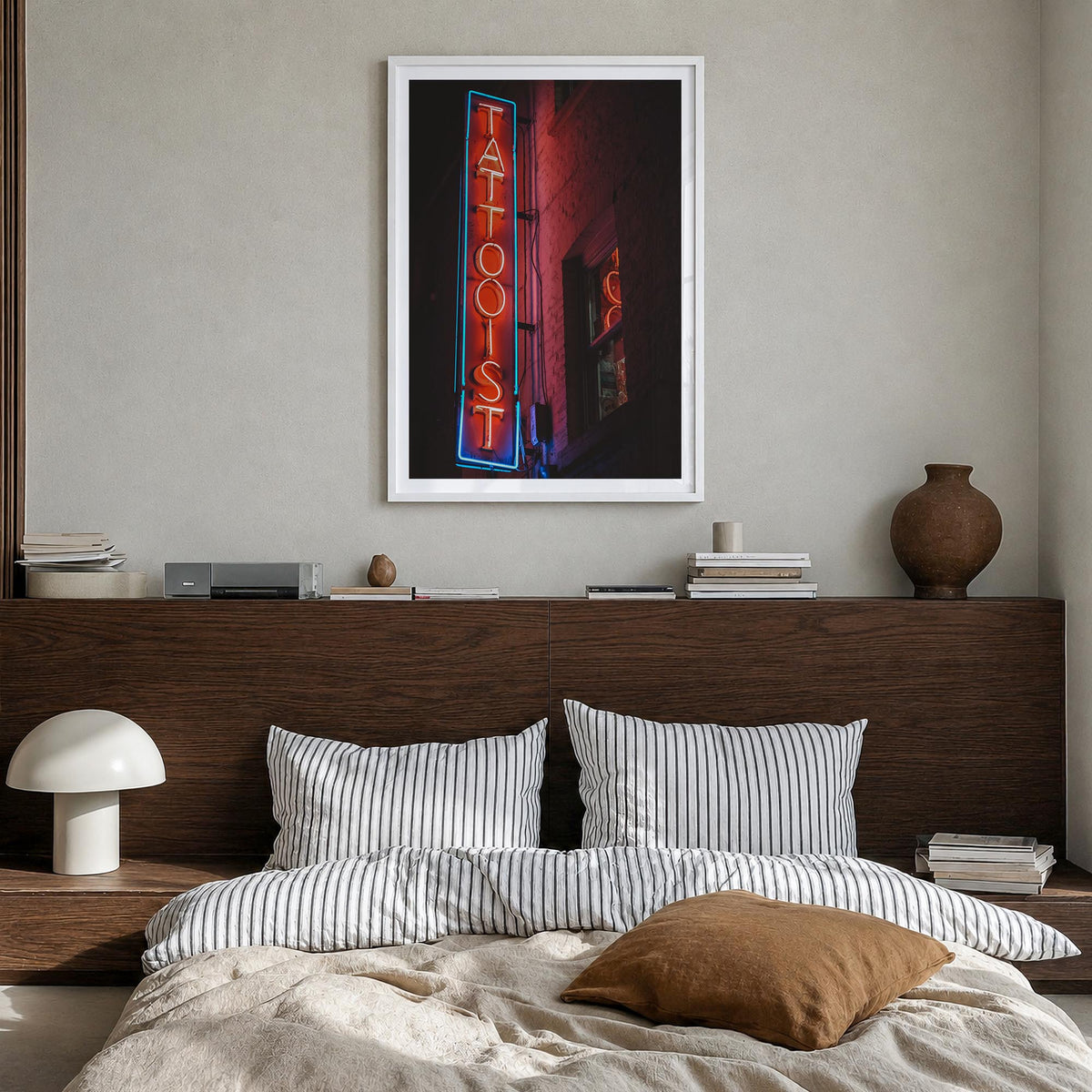 Neon Sign no. 2 colorful photo poster – vertical wall art in white wood frame with white border, hanging on wall
