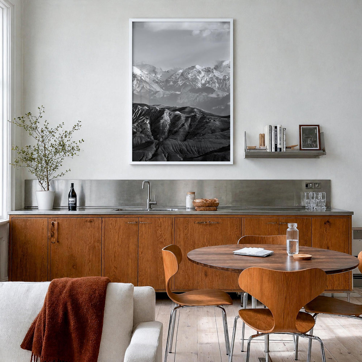 Nepal black & white photo poster of Asia – vertical wall art in white wood frame, hanging on wall