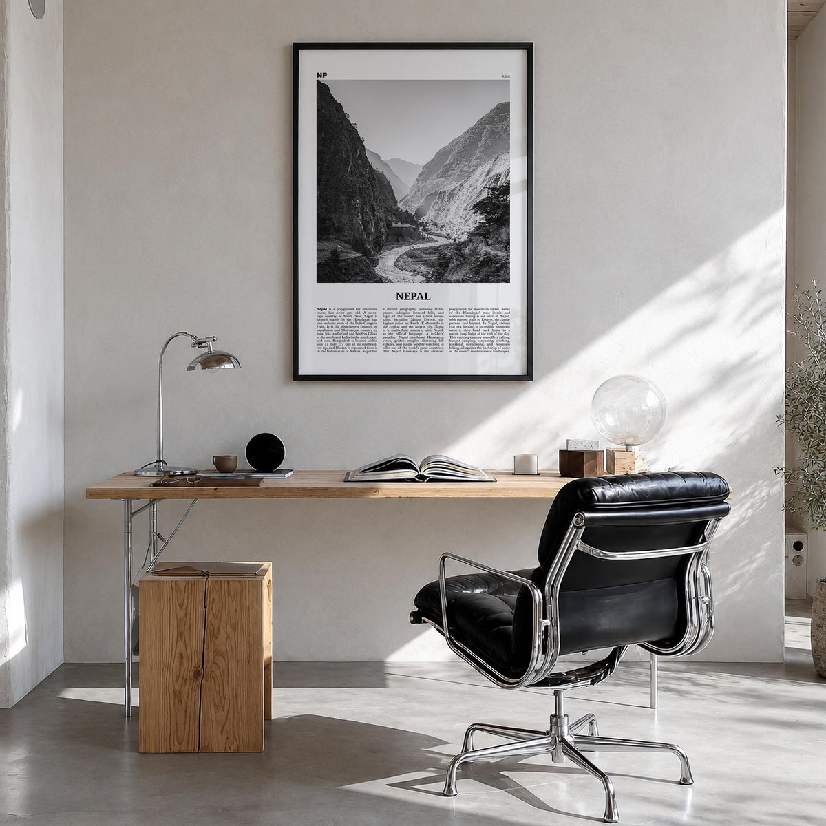 Nepal no. 2 black & white newspaper poster of Asia – vertical wall art in black wood frame, hanging on wall