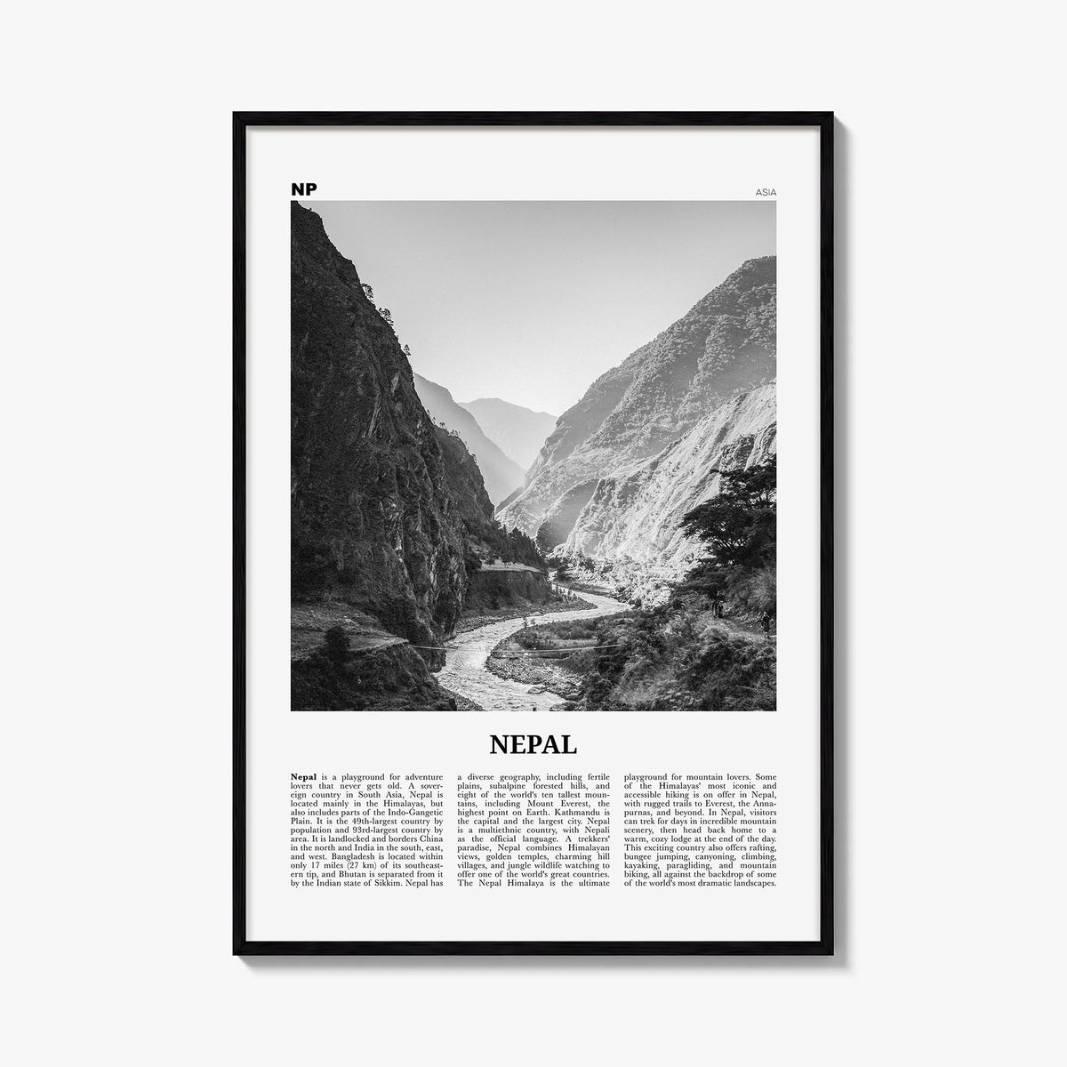Nepal no. 2 black & white newspaper poster of Asia – vertical wall art, unframed print shown in interior mockup