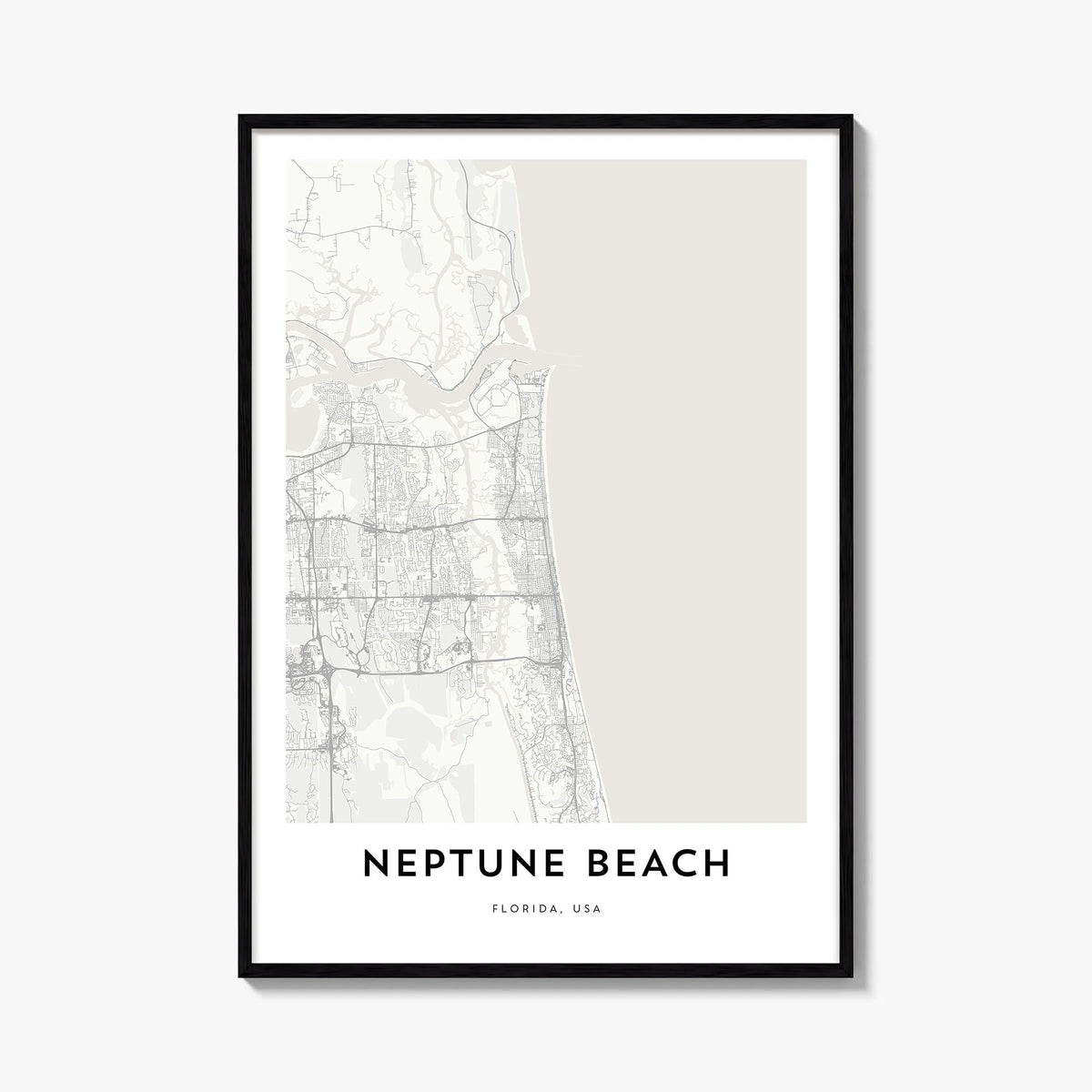 Neptune Beach black & white map poster of Florida, USA – vertical wall art, unframed print shown in interior mockup