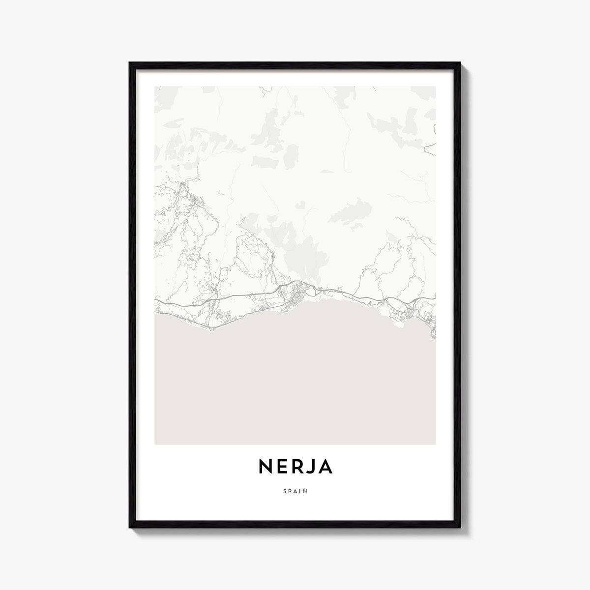 Nerja black & white map poster of Spain – vertical wall art, unframed print shown in interior mockup