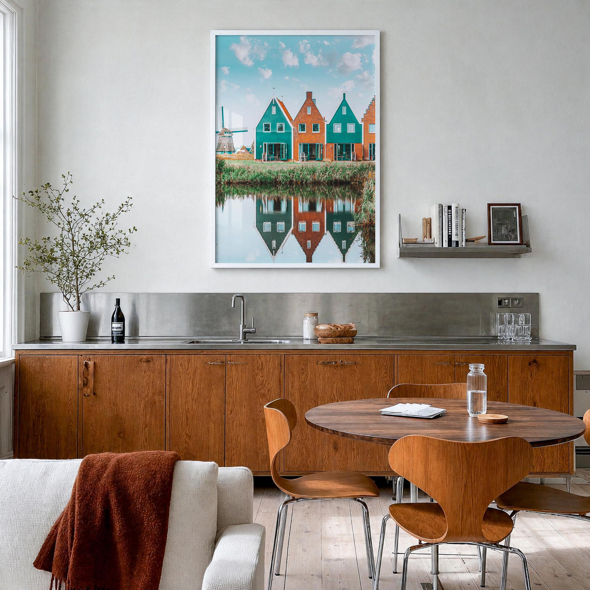 Netherlands colorful photo poster of Europe – vertical wall art in white wood frame, hanging on wall