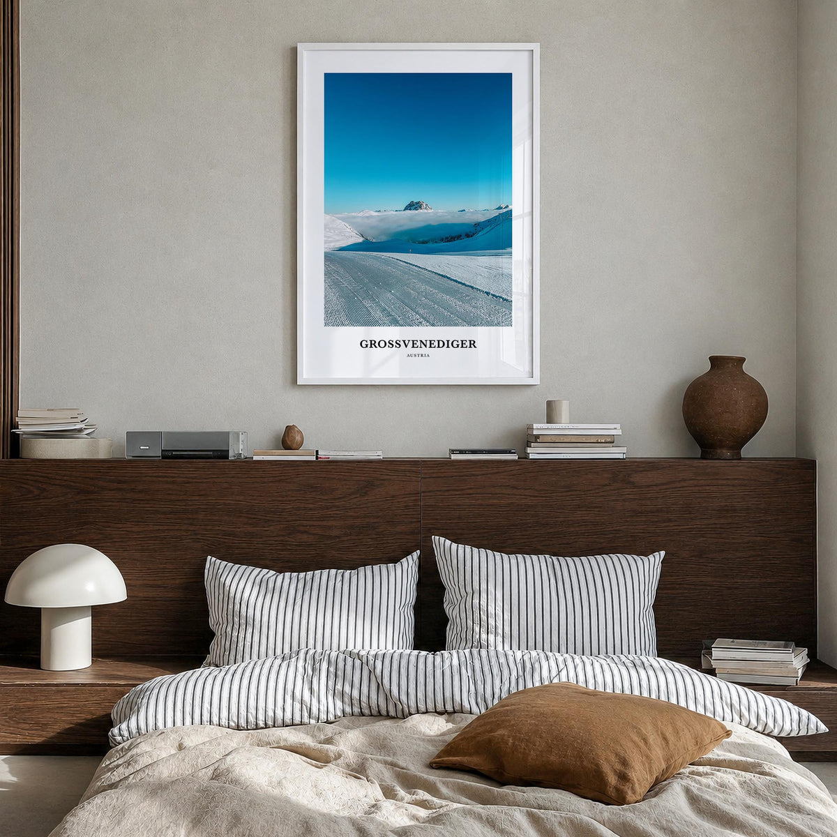 Neukirchen am Großvenediger colorful classic poster of Austria – vertical wall art in white wood frame, hanging on wall