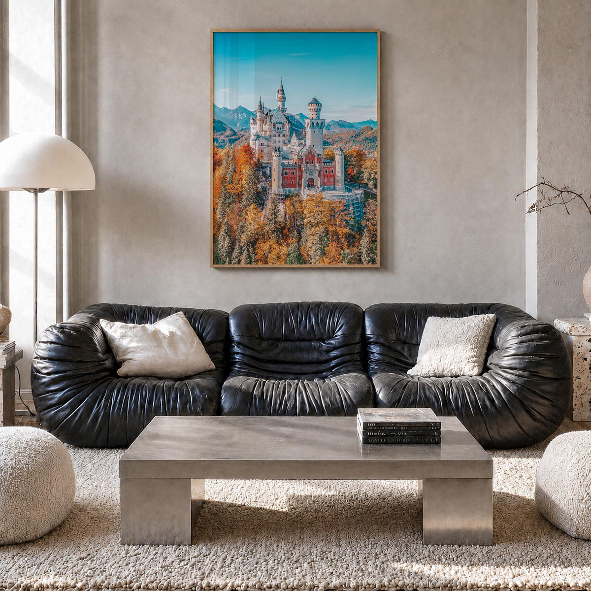 Neuschwanstein Castle colorful photo poster of Germany – vertical wall art in natural wood frame, hanging on wall