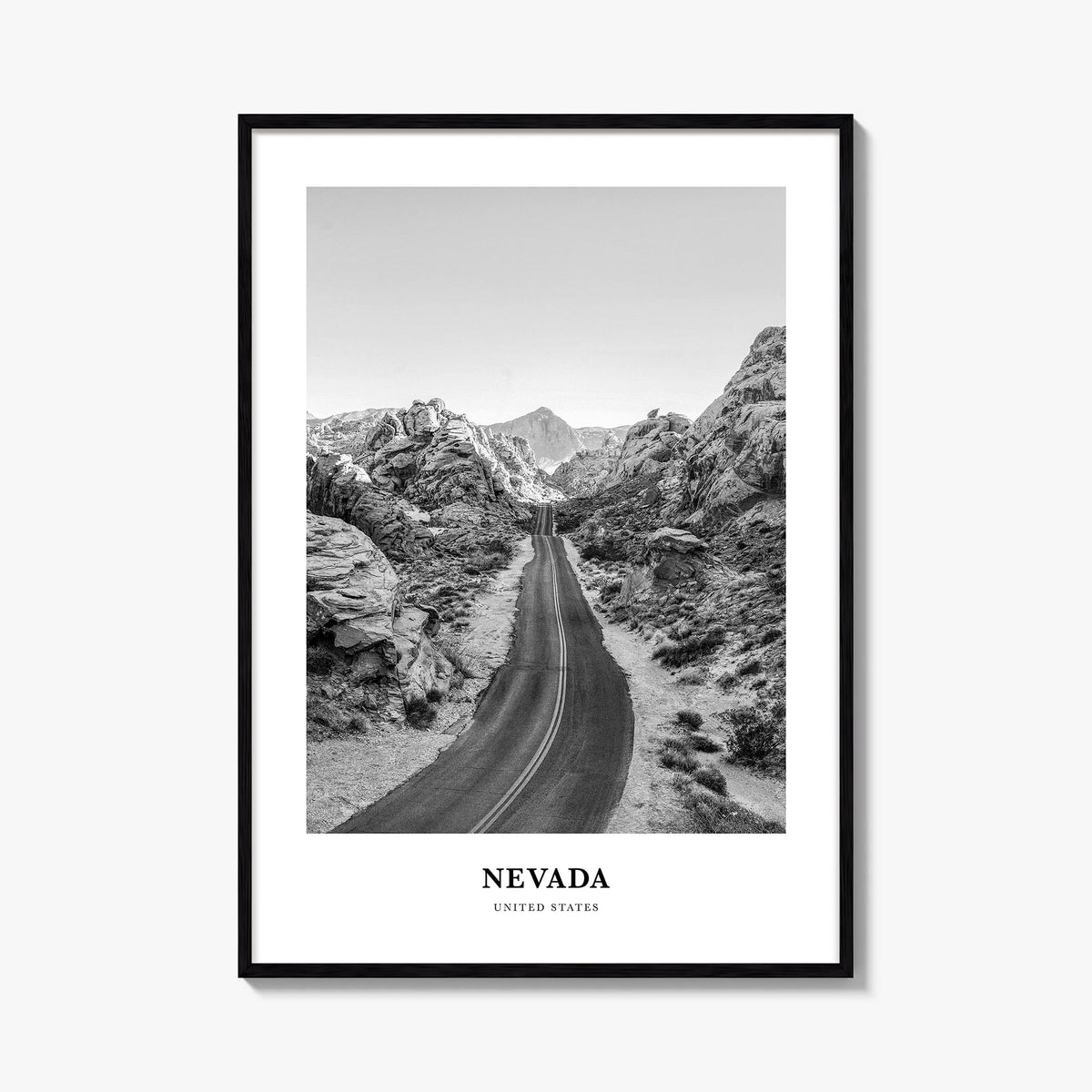 Nevada black & white classic poster of United States – vertical wall art, unframed print shown in interior mockup