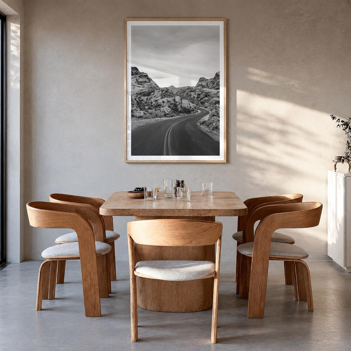 Nevada black & white photo poster of United States – vertical wall art in natural wood frame with white border, hanging on wa