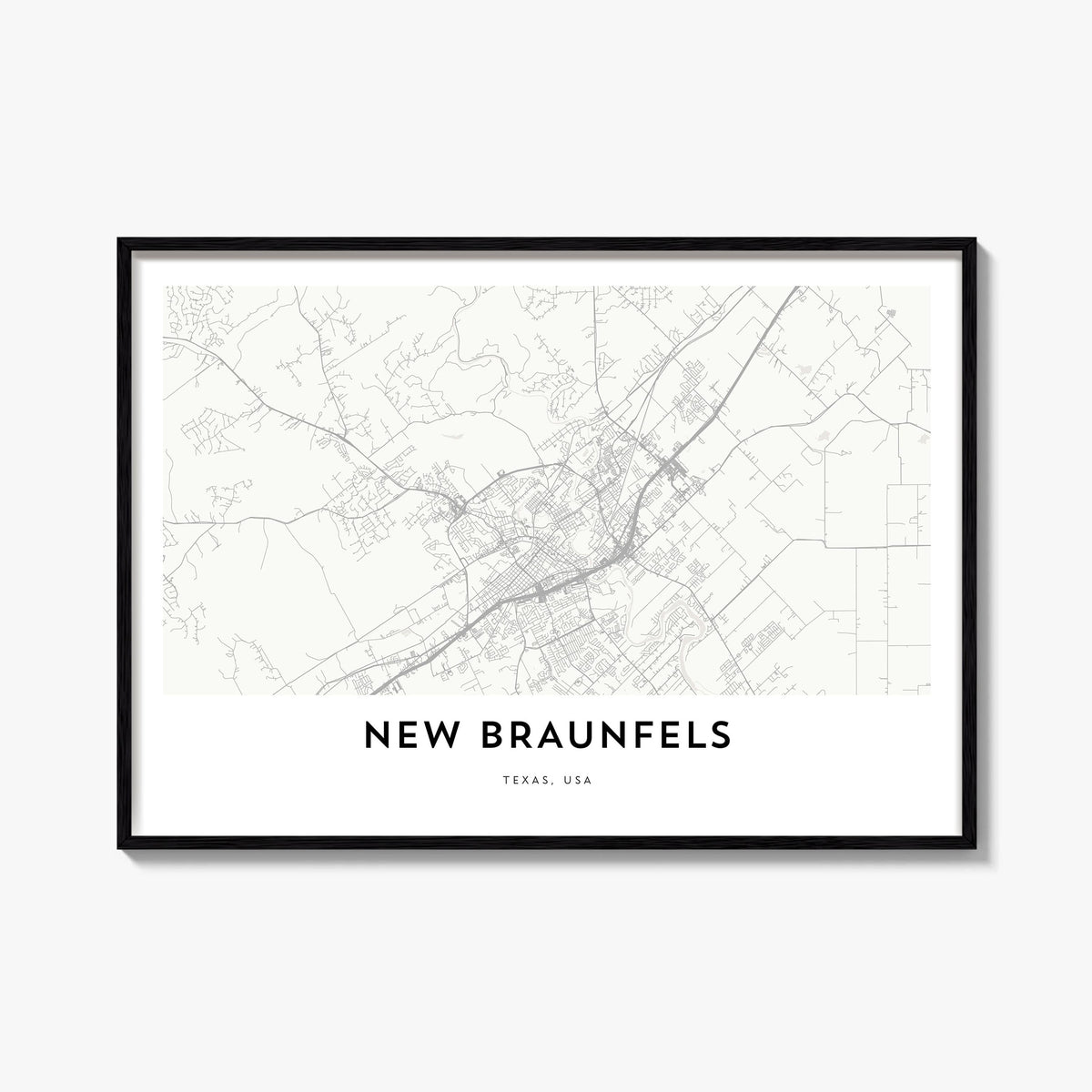 New Braunfels black & white map poster of Texas, USA – horizontal wall art, unframed print shown in interior mockup