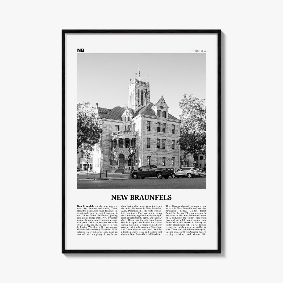 New Braunfels black & white newspaper poster of Texas, USA – vertical wall art, unframed print shown in interior mockup