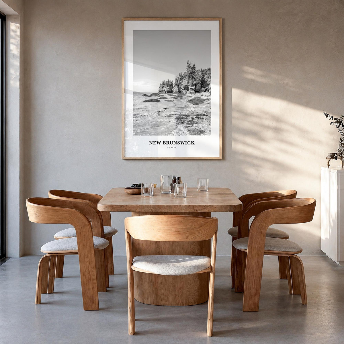 New Brunswick black & white classic poster of Canada – vertical wall art in natural wood frame, hanging on wall
