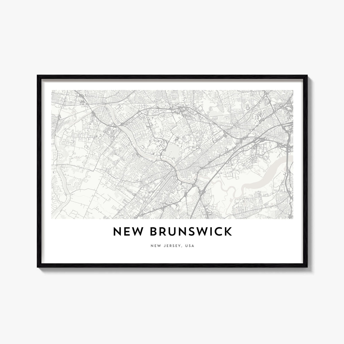 New Brunswick black & white map poster of Canada – horizontal wall art, unframed print shown in interior mockup