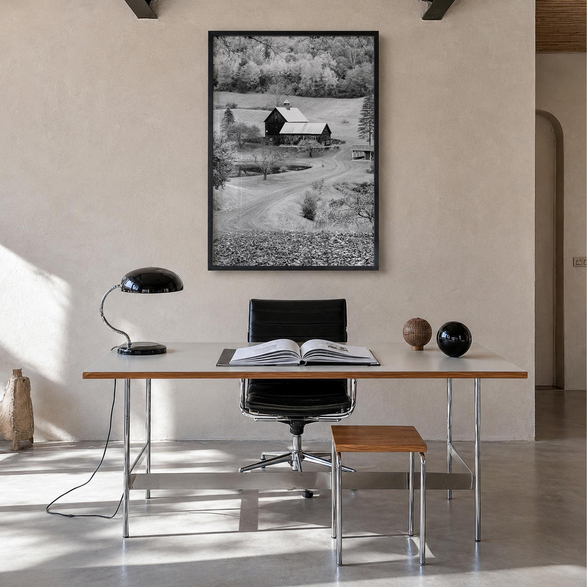 New England black & white photo poster of United States – vertical wall art in black wood frame, hanging on wall
