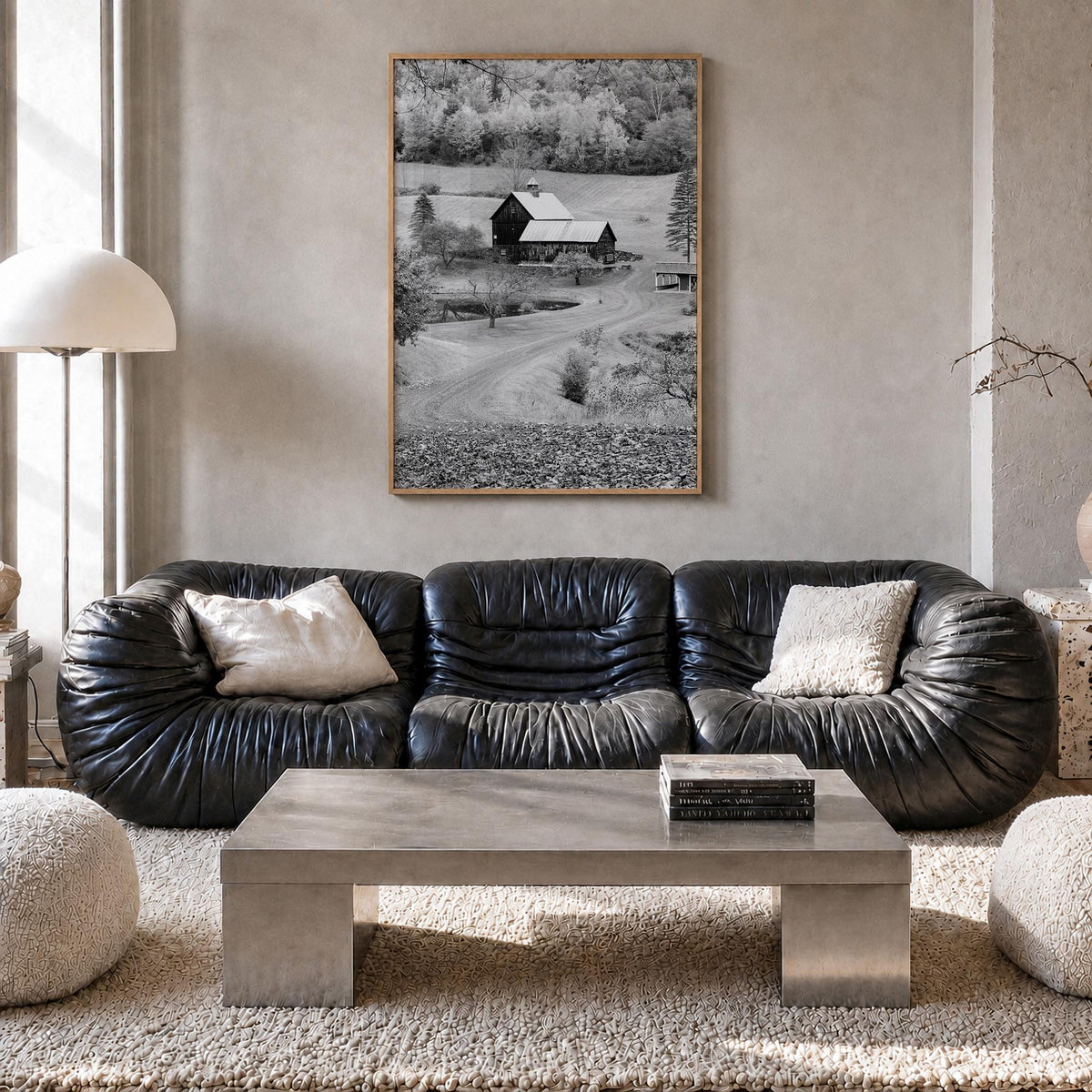 New England black & white photo poster of United States – vertical wall art in natural wood frame, hanging on wall