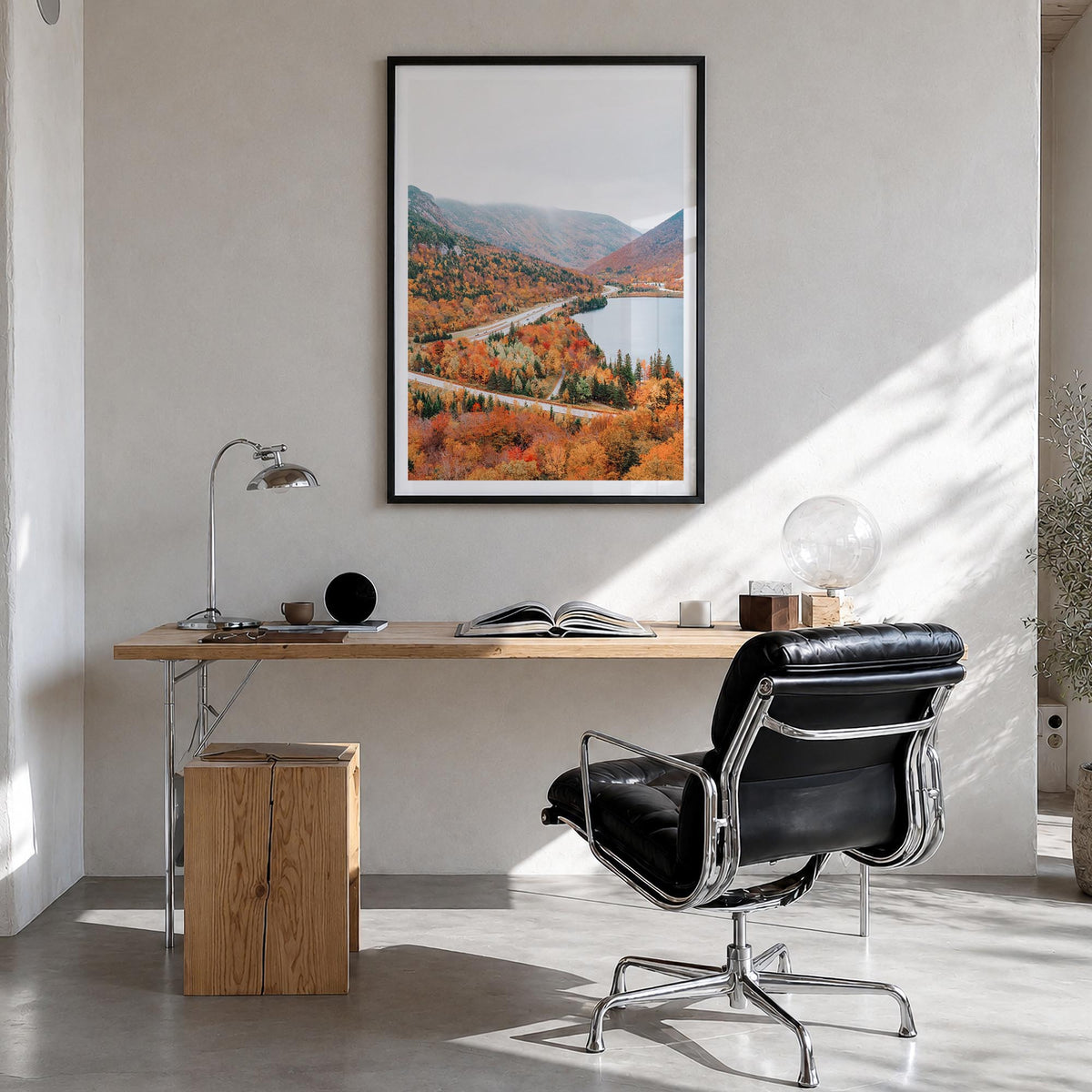 New Hampshire colorful photo poster of United States – vertical wall art in black wood frame with white border, hanging on wa