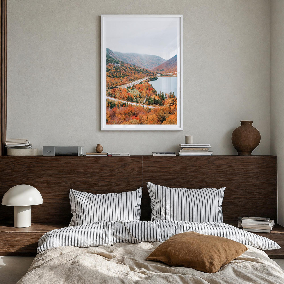 New Hampshire colorful photo poster of United States – vertical wall art in white wood frame with white border, hanging on wa