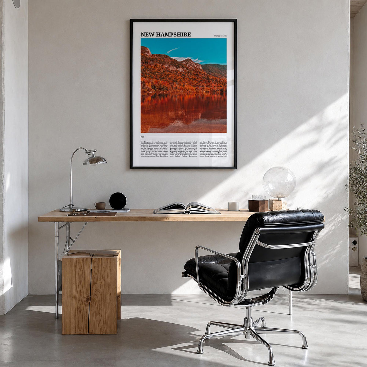 New Hampshire no. 1 colorful travel poster of United States – vertical wall art in black wood frame, hanging on wall